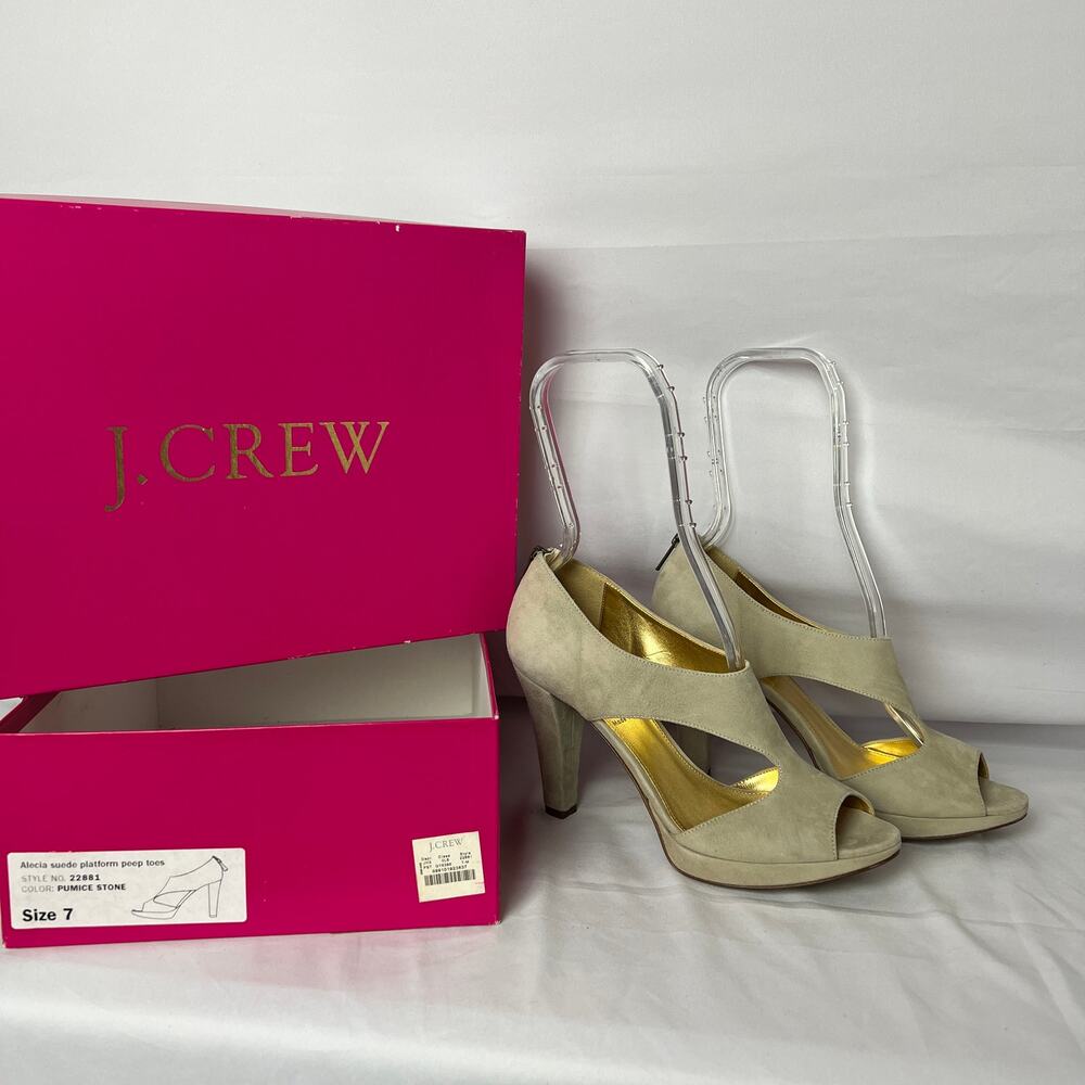 J.Crew Suede Peep Toe Heels 7M Beige Tan 3.5” Platform Zip Leather Sole